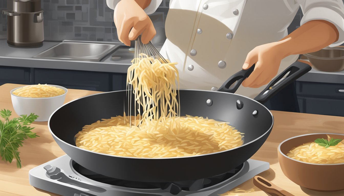 A chef stirring orzo in a skillet with broth, adding ladlefuls gradually, creating a creamy texture like risotto