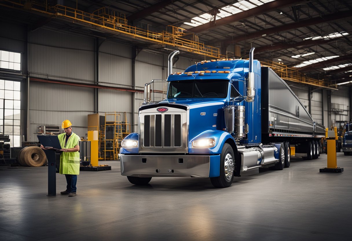 A Peterbilt truck being weighed on a large industrial scale, with a technician recording the weight on a clipboard