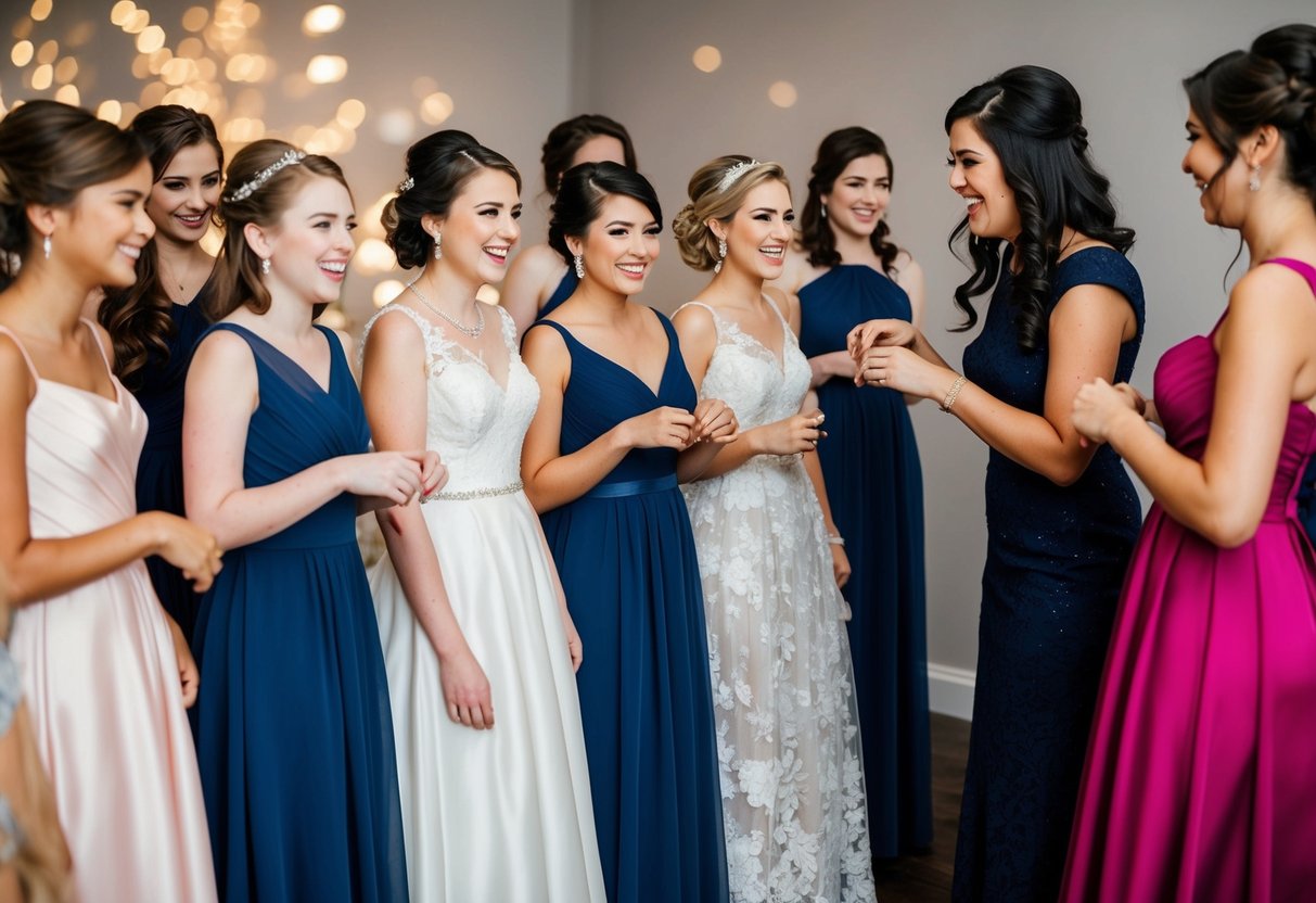A group of junior bridesmaids stand in a row, trying on different dresses. They chat and giggle while a stylist helps them choose their attire