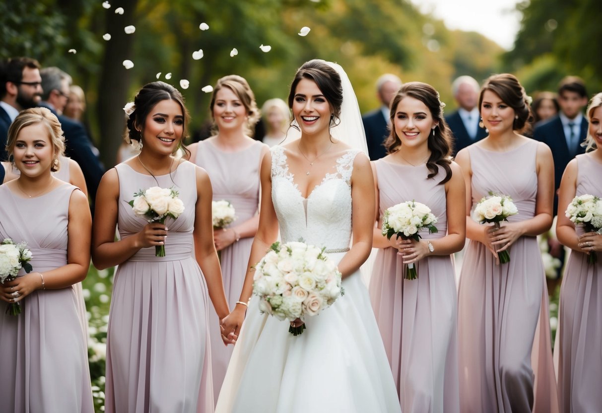 A group of junior bridesmaids walk down the aisle together, smiling and scattering flower petals