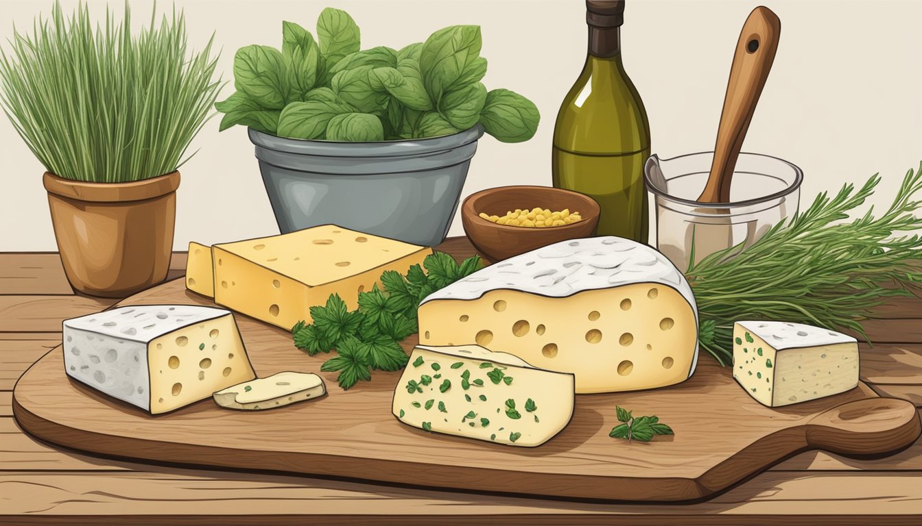 A rustic kitchen table with a wooden cutting board, a variety of cheeses, fresh herbs, and a bag of orzo pasta