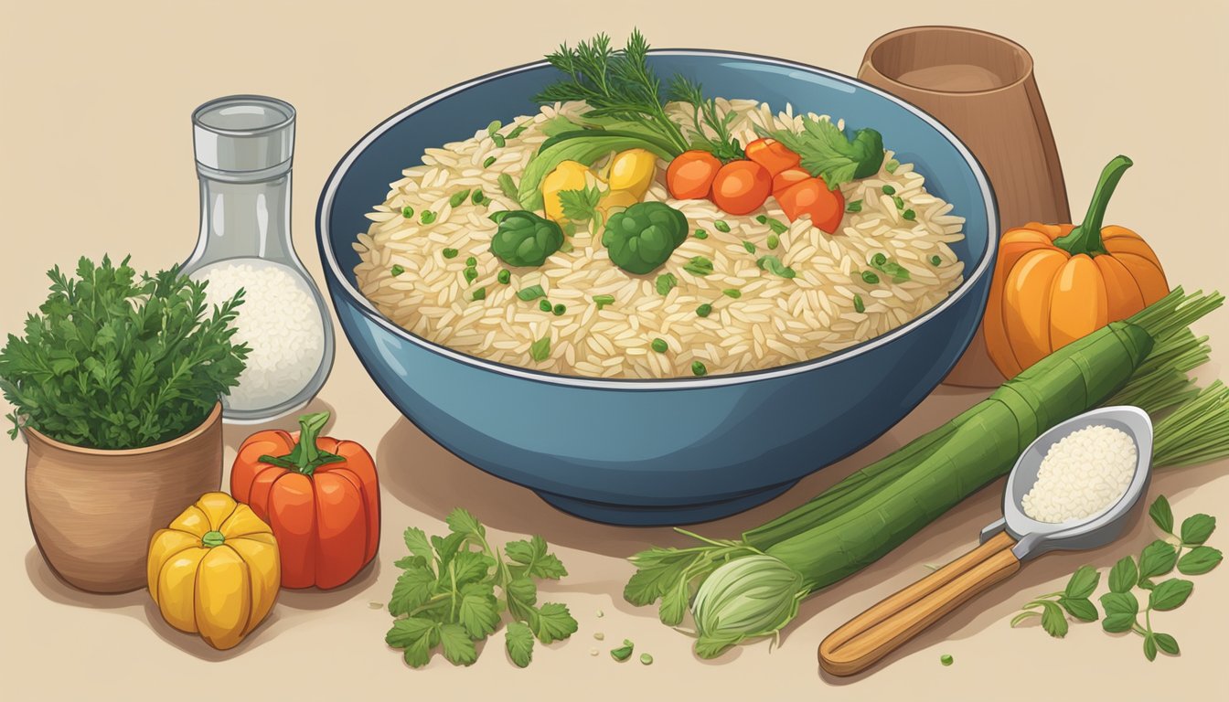 A bowl of orzo and rice side by side, surrounded by various vegetables and herbs. A measuring cup and spoons sit nearby for portioning