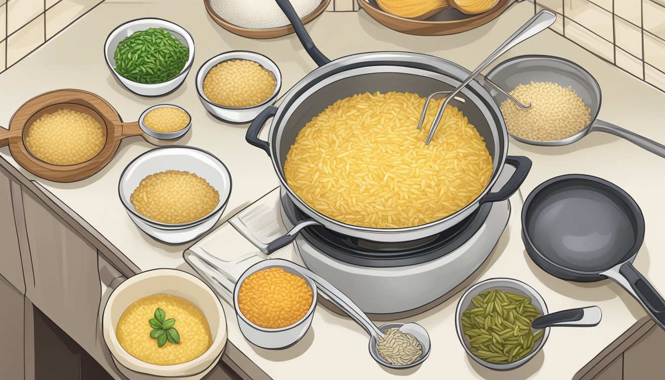 A pot of simmering orzo being stirred into a creamy risotto mixture, with various alternative rice options displayed nearby