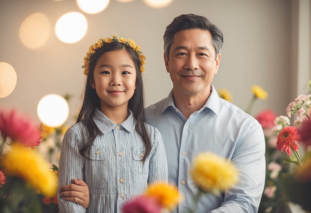 A father stands beside his daughter, both facing forward. They are surrounded by flowers and soft lighting, creating a warm and intimate atmosphere