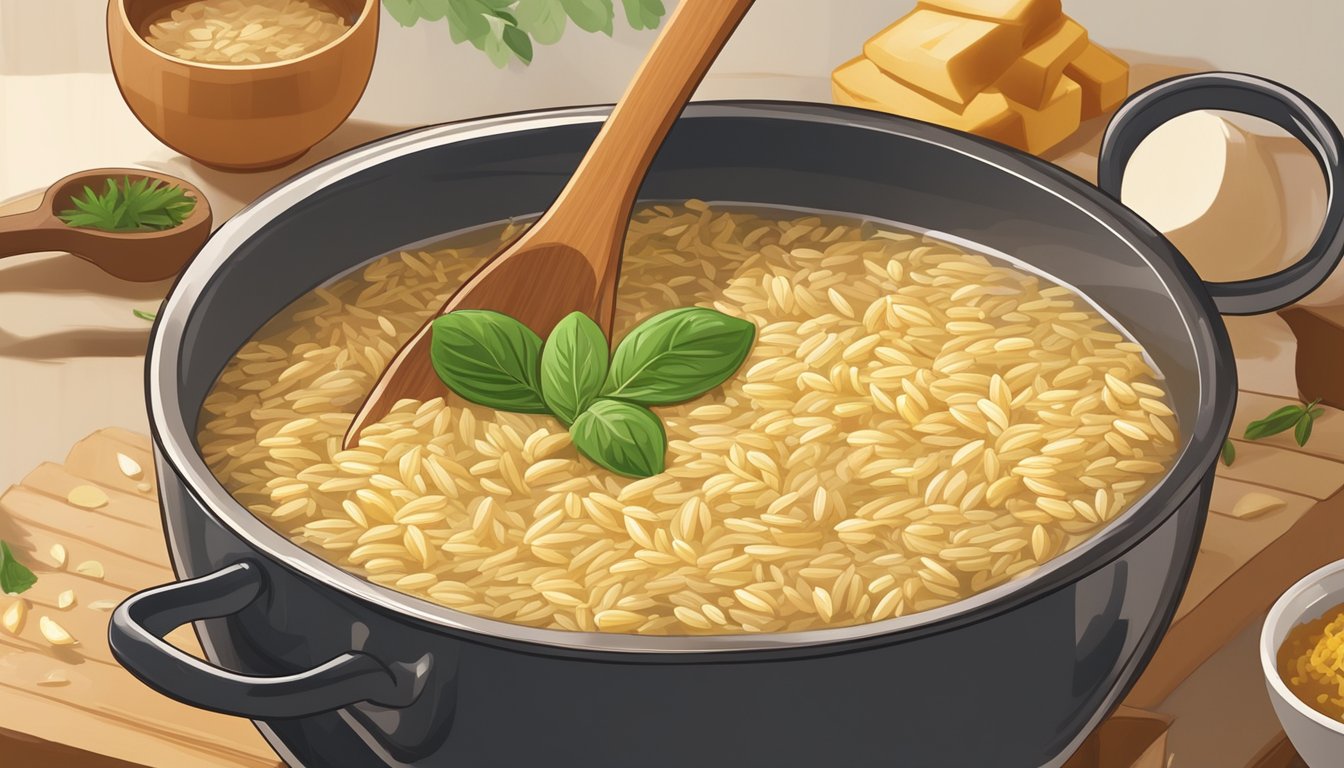 A pot of orzo simmering in broth, being stirred with a wooden spoon as it absorbs the liquid, surrounded by various ingredients for risotto