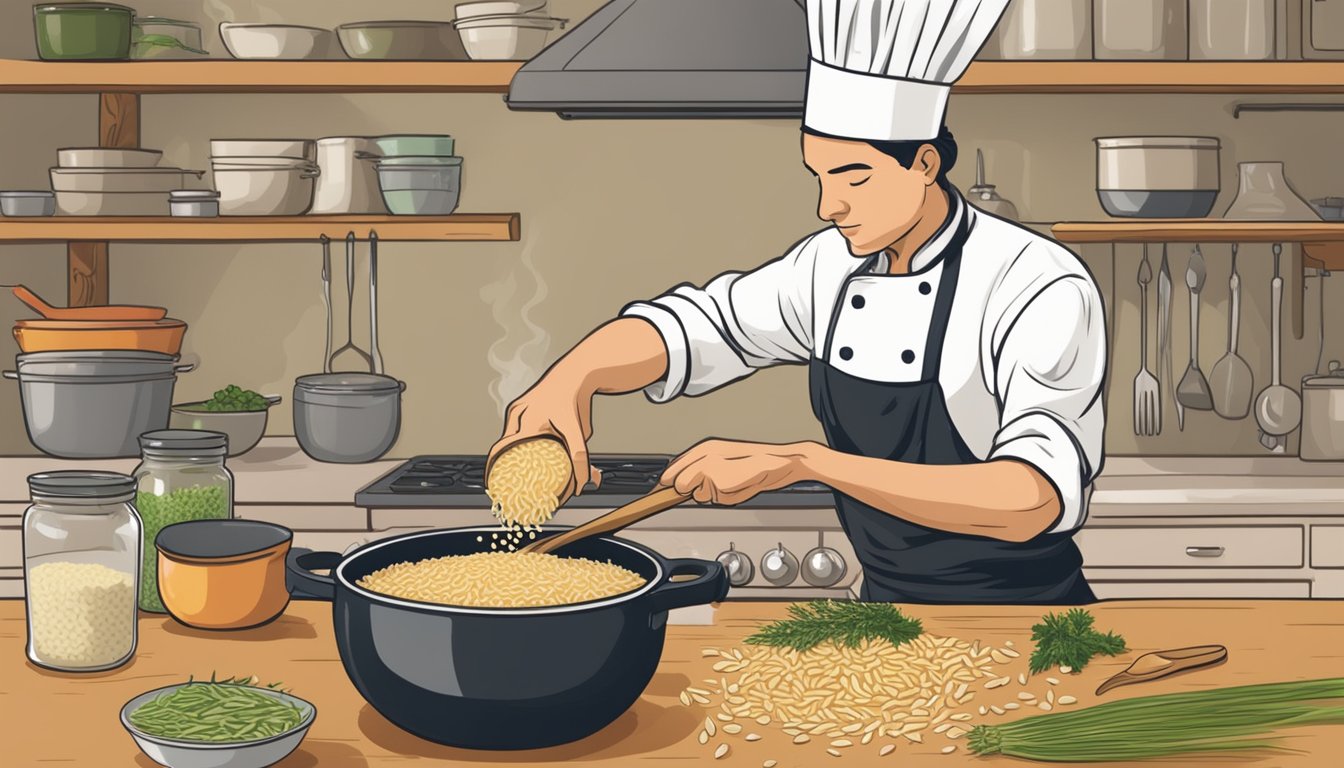 A chef adding orzo to a simmering pot of risotto, stirring with a wooden spoon. Ingredients like broth, vegetables, and herbs are displayed nearby