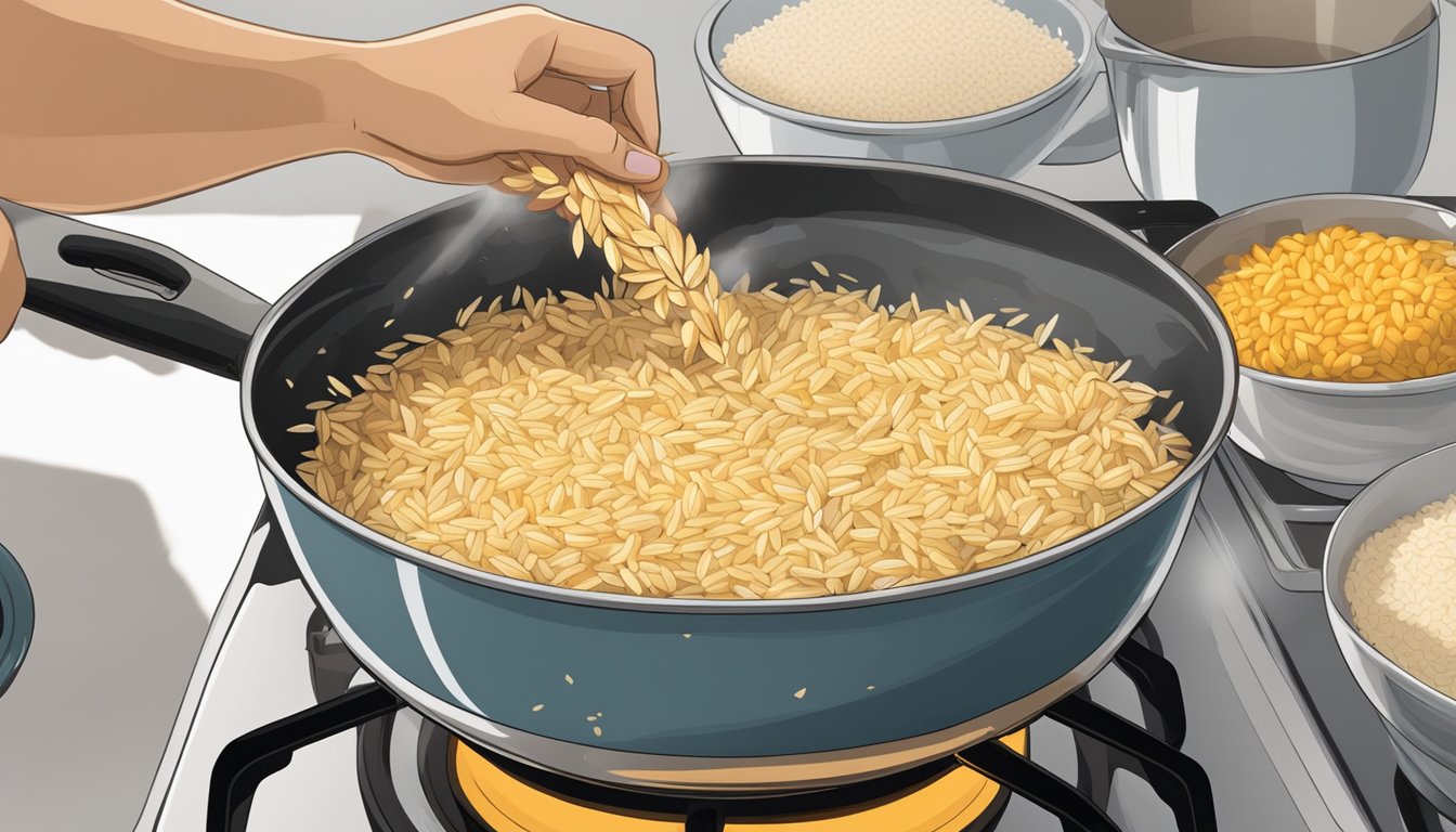 A pot of orzo and rice cooking on a stove, with a chef's hand pouring orzo into a measuring cup while a bowl of rice sits nearby