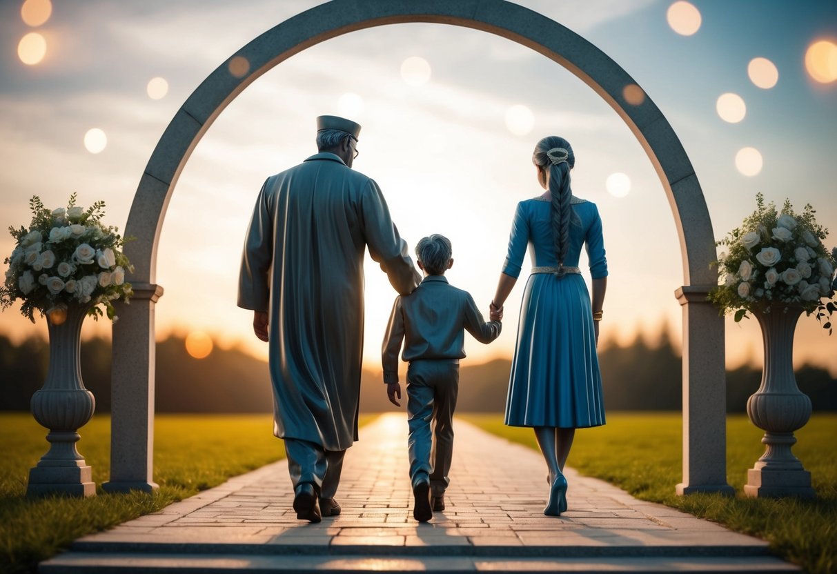 A father figure guiding a younger figure through an archway symbolizing transition and tradition