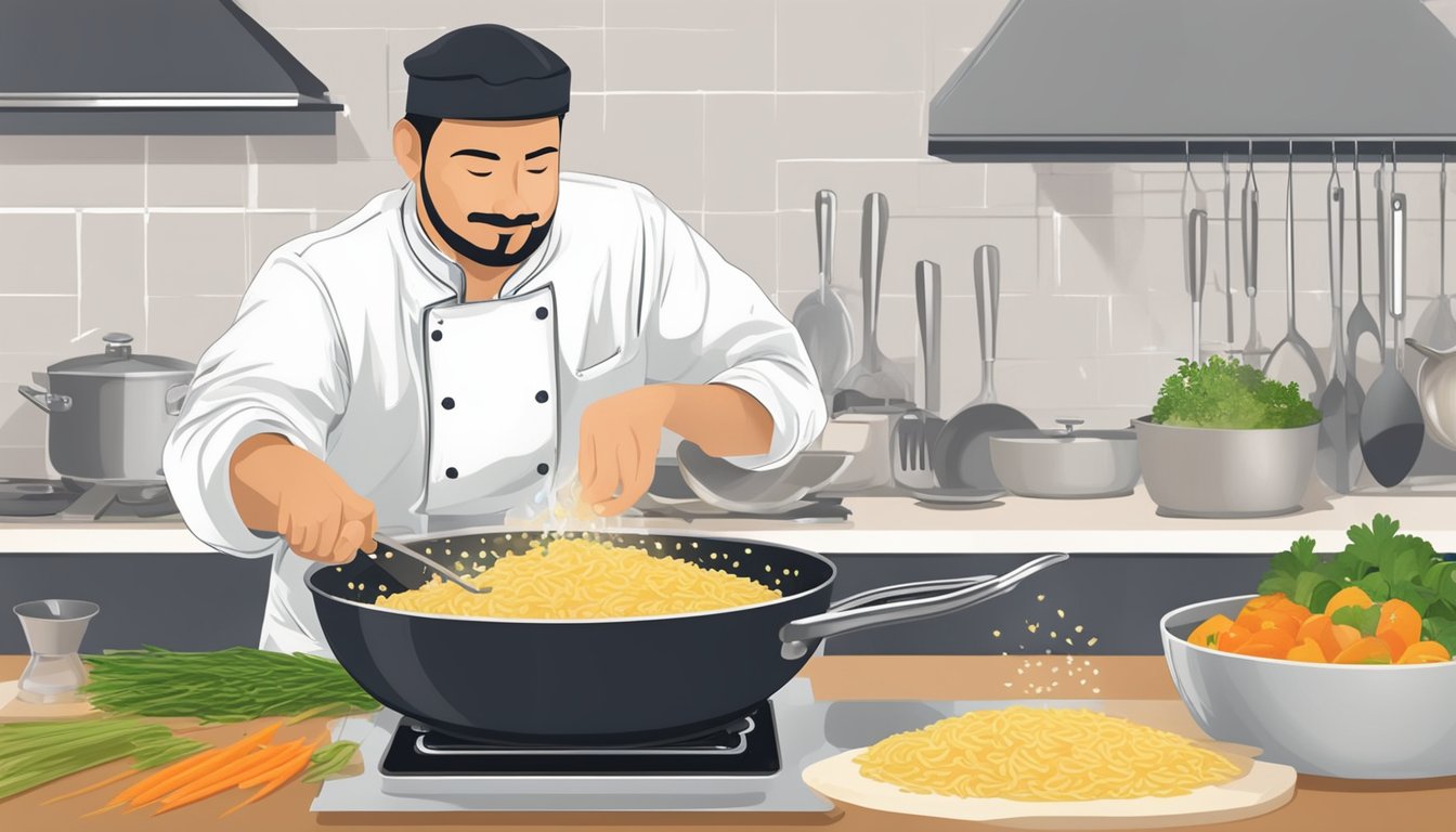 A chef stirring orzo in a skillet with broth, vegetables, and herbs, creating a creamy risotto-like dish