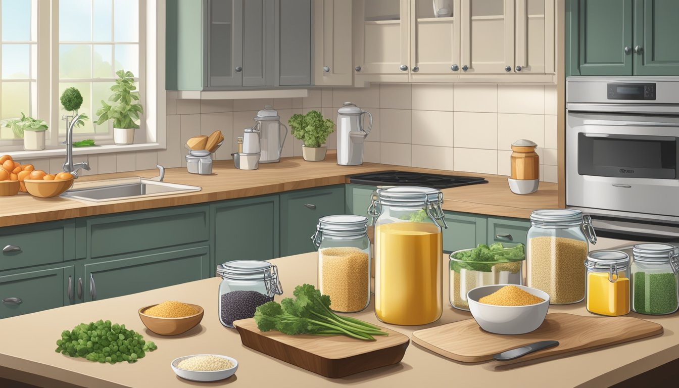 A kitchen counter with various ingredients and containers, including gluten-free and vegan substitutes for panko and breadcrumbs