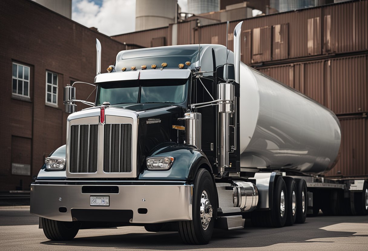 A Kenworth truck sits on a scale, its weight displayed on a digital readout. The truck is surrounded by industrial equipment and buildings, indicating a commercial setting