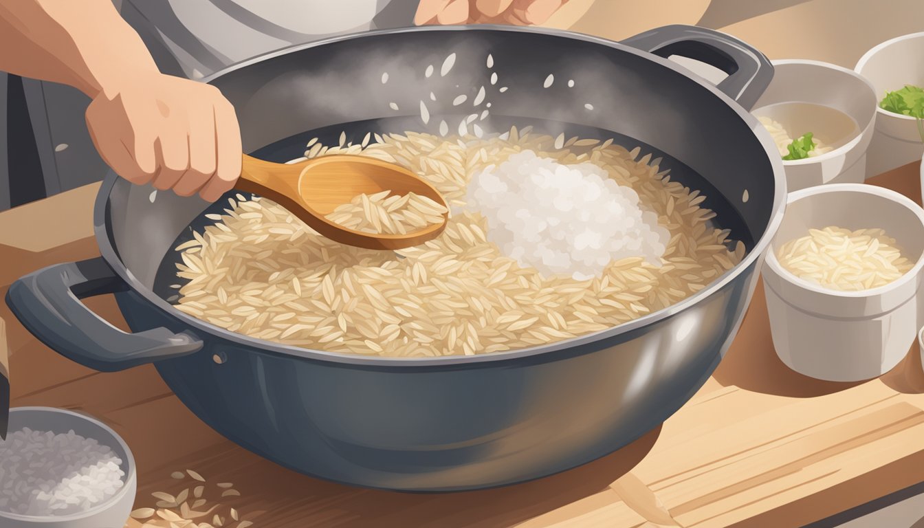 A chef pours orzo into a pot of boiling water, stirring with a wooden spoon. A bag of rice sits untouched on the counter