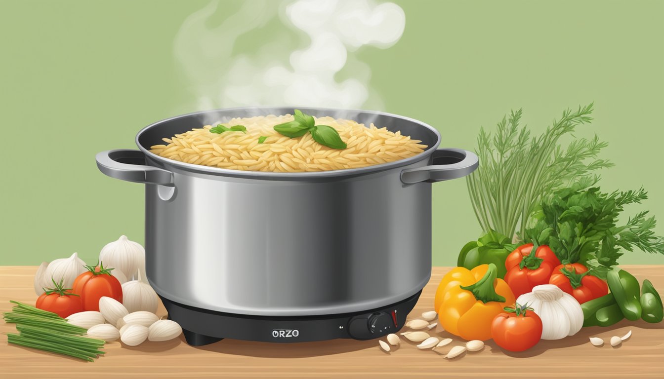 A steaming pot of orzo cooking on the stove, surrounded by fresh herbs, vegetables, and a variety of spices