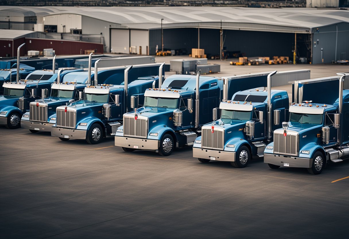 A row of Kenworth trucks of various sizes and models lined up in a spacious industrial yard, with a scale nearby for weighing