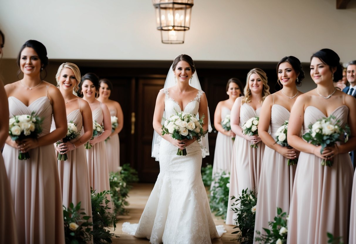 The maid of honour leads the processional down the aisle, followed by the bridesmaids in a graceful and elegant manner