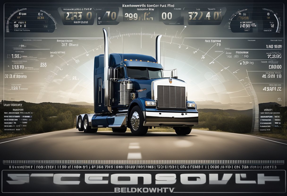 A Kenworth truck sits on a scale, its weight displayed. Nearby, a performance chart shows the effects of weight on speed and fuel efficiency