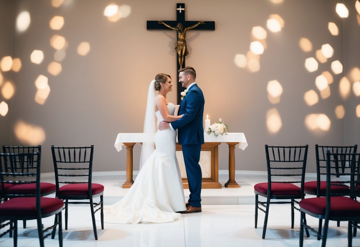 A bride and groom standing alone at the altar, surrounded by empty chairs