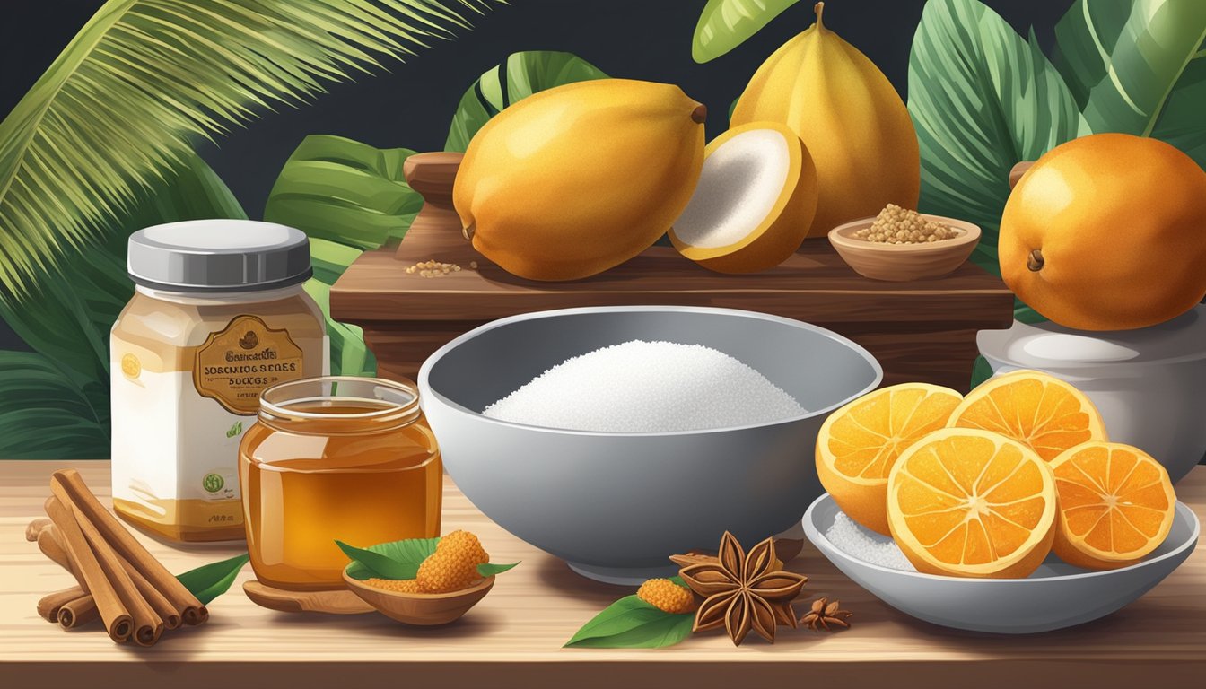 A kitchen counter with a bowl of white sugar next to a jar of honey and a block of jaggery, surrounded by various tropical fruits and spices