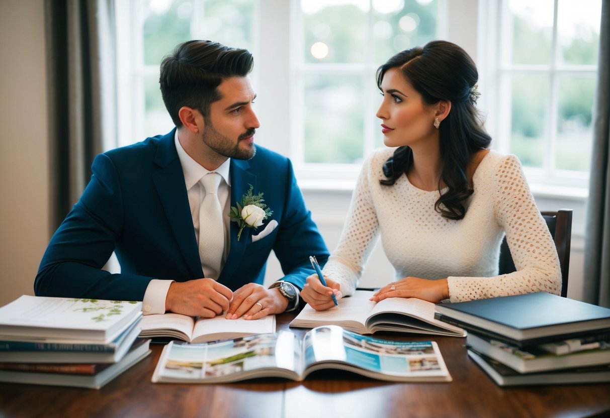 A couple sits at a table, surrounded by wedding planning books and magazines. They are deep in discussion, with a look of determination on their faces