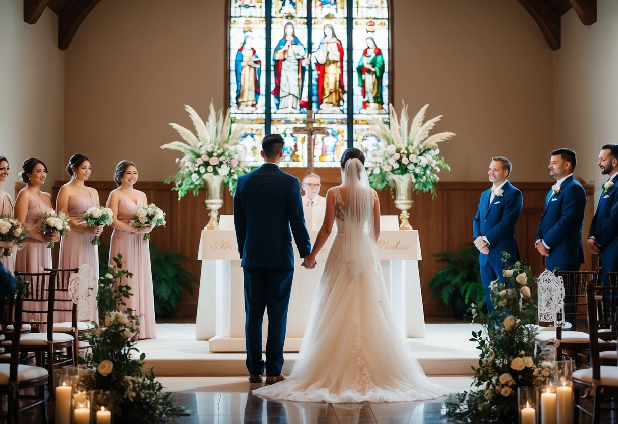 A couple stands alone at the altar, surrounded by an array of personalized decorations and meaningful symbols