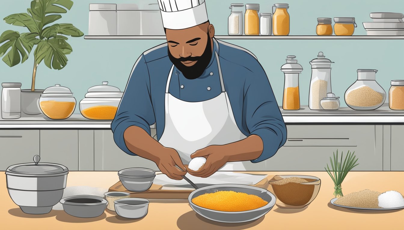 A chef swaps a bowl of white sugar for palm sugar in a savory dish. Ingredients and utensils are neatly arranged on a kitchen counter