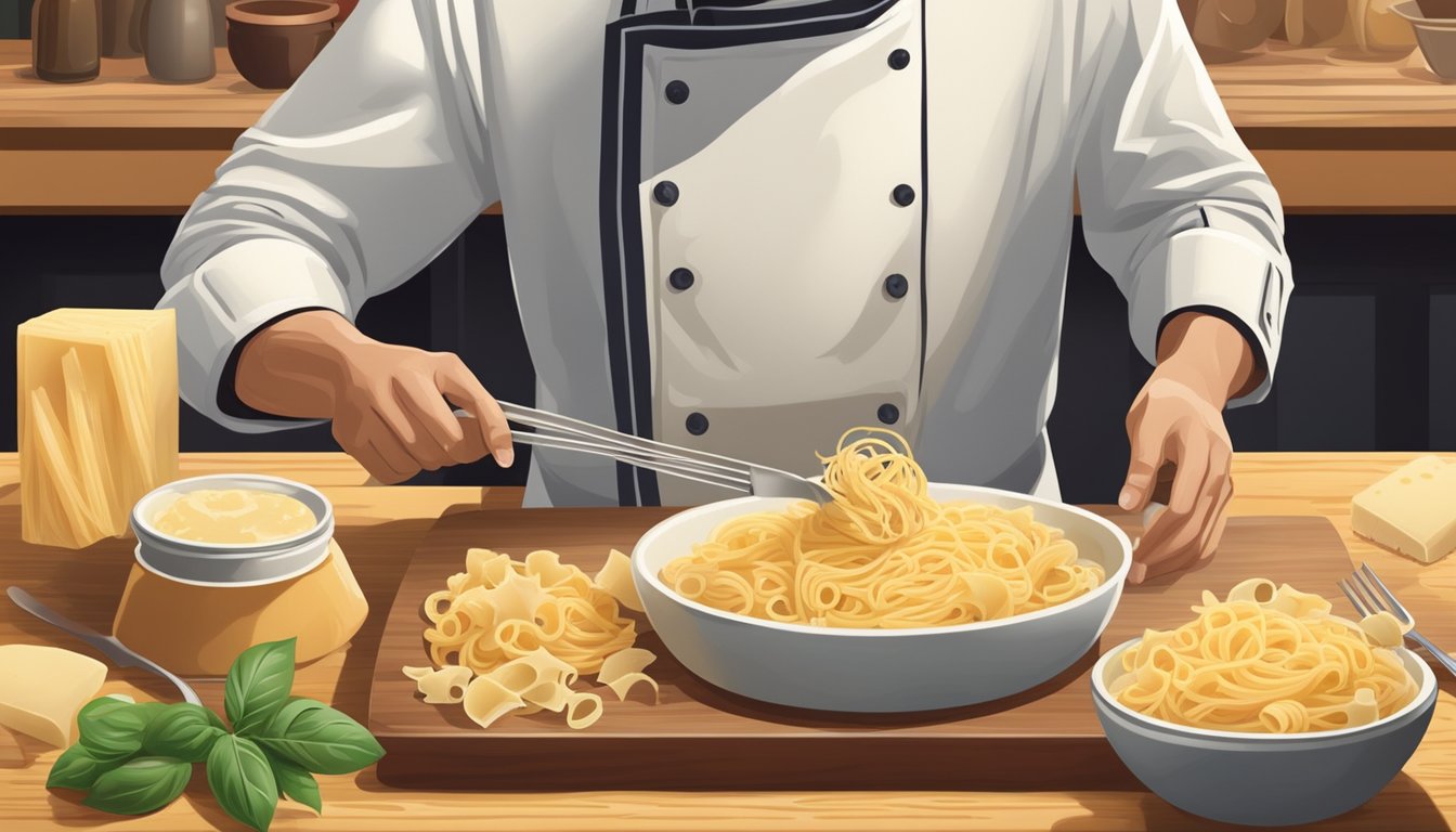 A chef swapping parmesan for pecorino in a pasta dish, with both cheeses and a bowl of pasta on a wooden cutting board