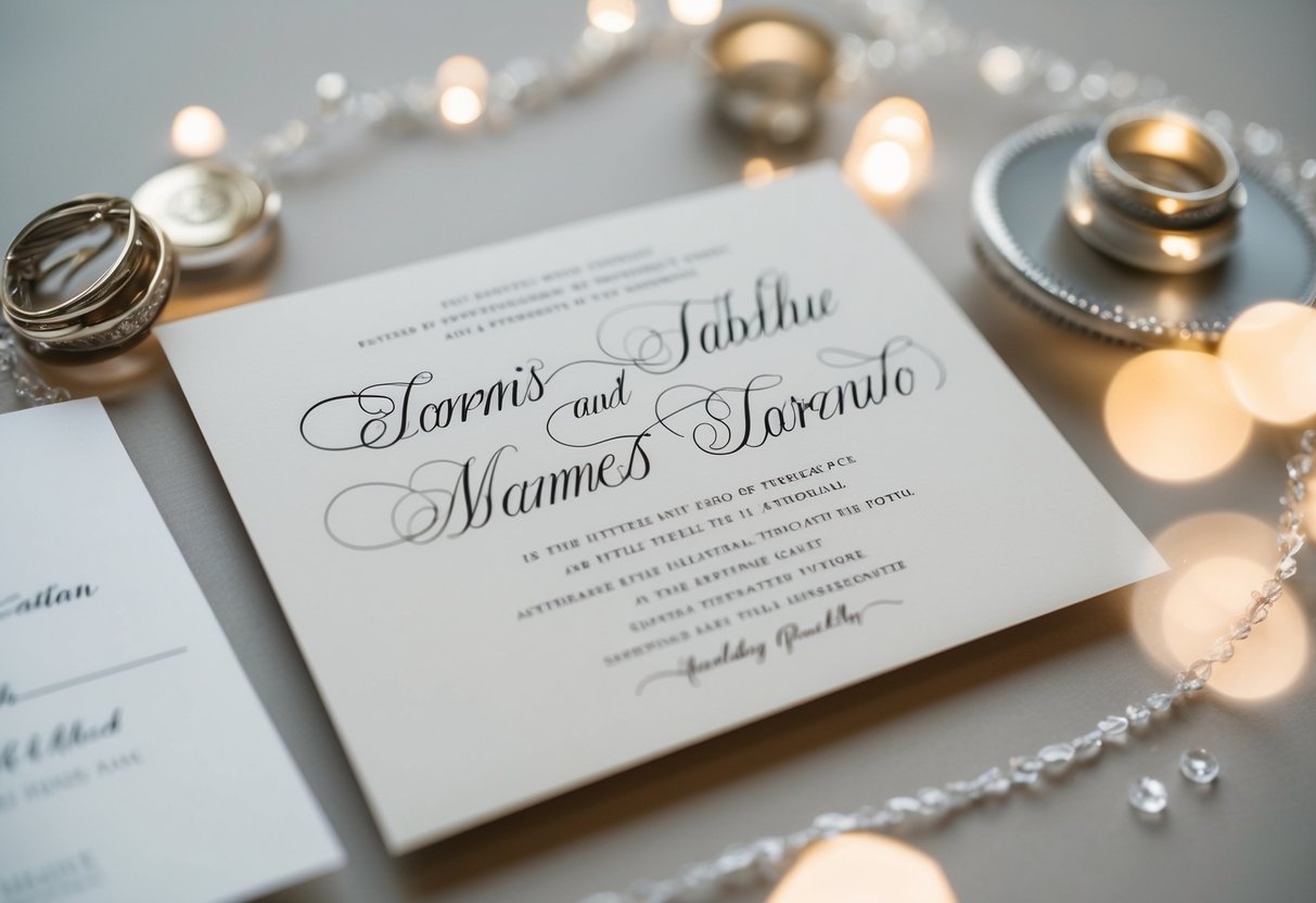 A wedding invitation with two elegant names intertwined in calligraphy