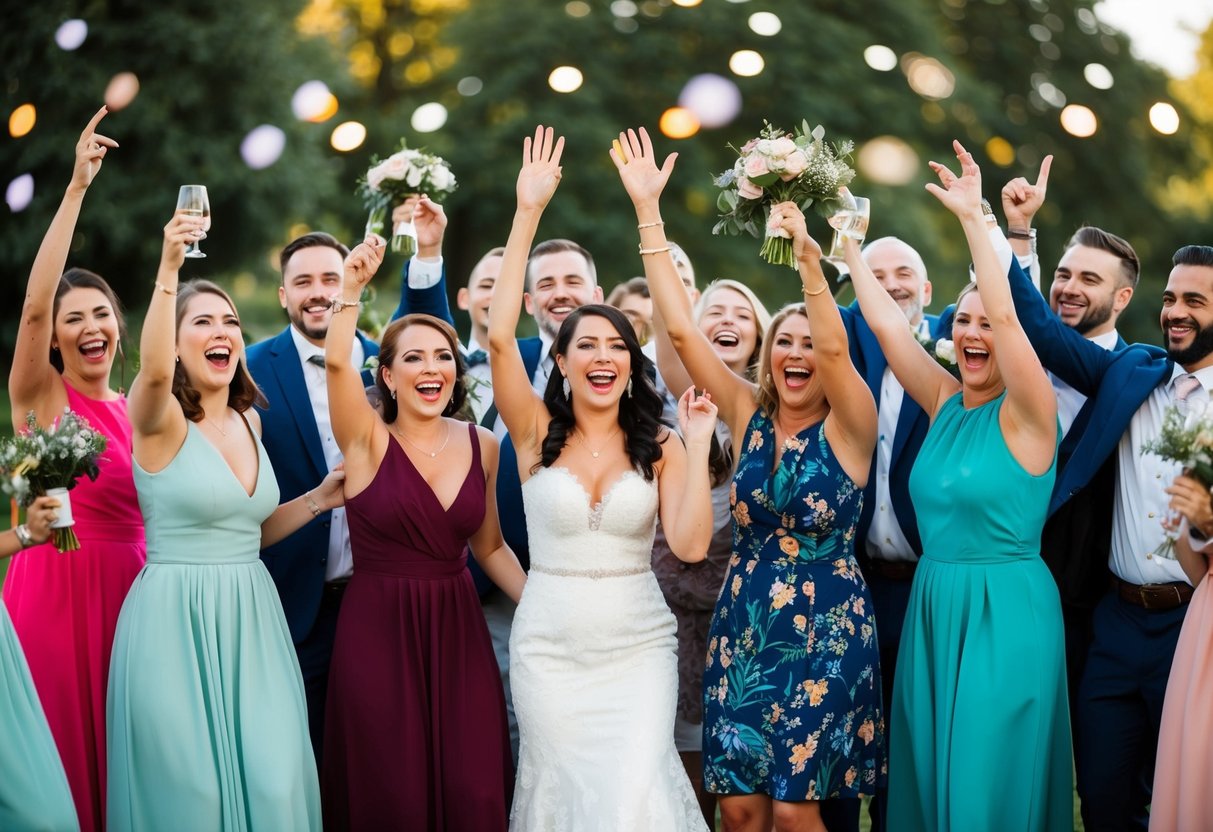 A joyful pre-wedding gathering with a mix of friends and family celebrating without traditional bridesmaids or groomsmen