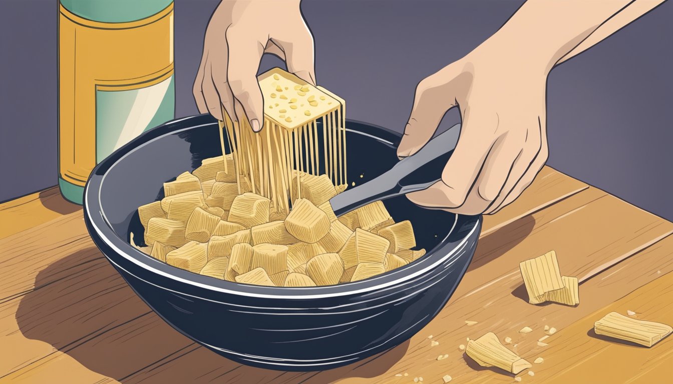 A hand grates a block of parmesan over a bowl of pasta, with a wedge of pecorino nearby