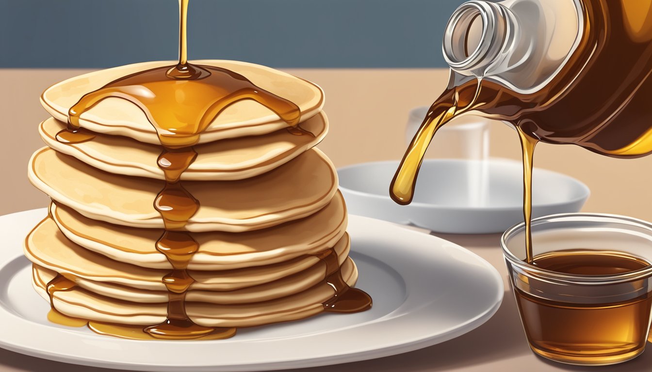 A stack of fluffy pancakes drizzled with real maple syrup next to a bottle of pancake syrup, emphasizing the benefits of using real maple syrup as a substitute