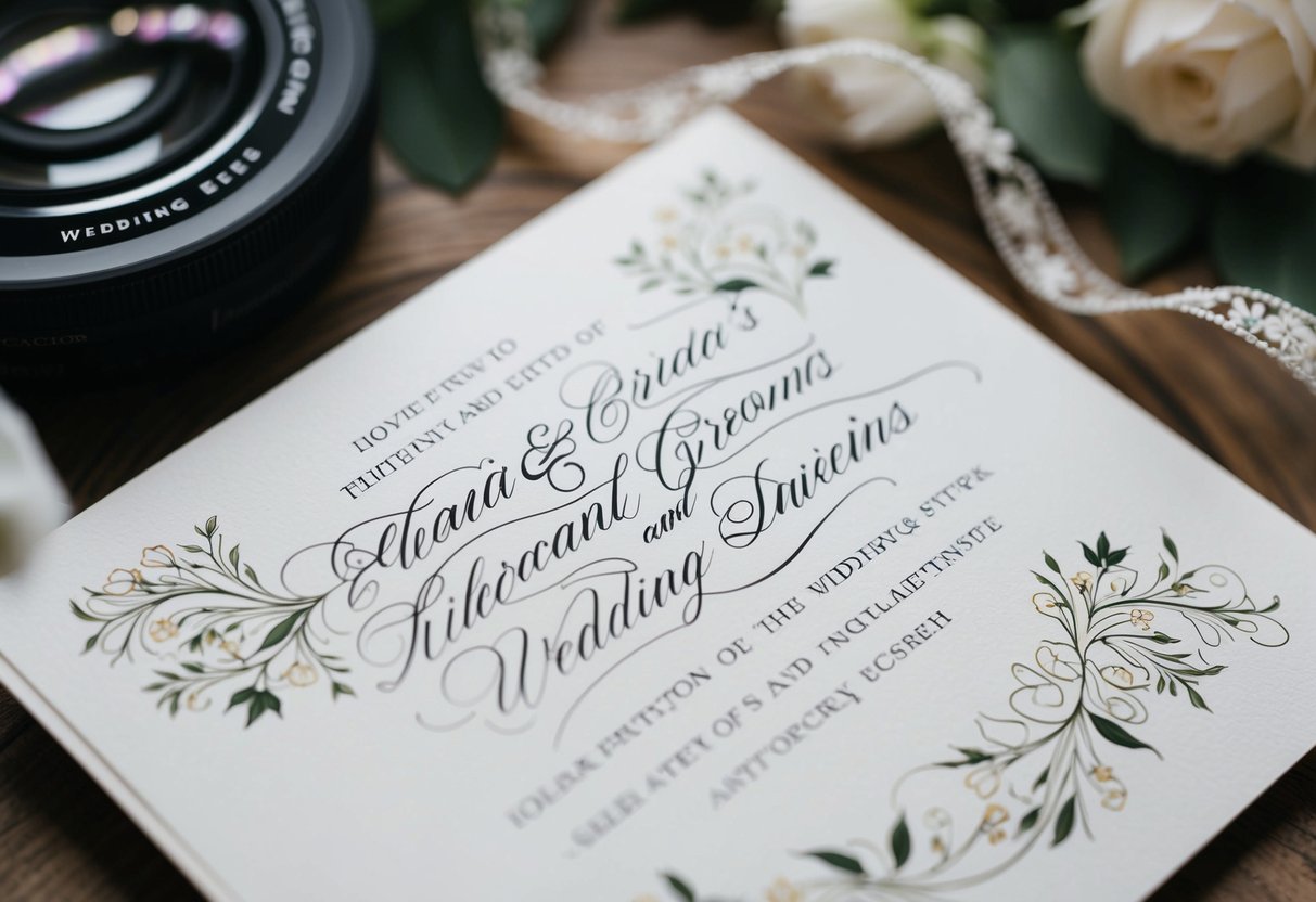 A wedding invitation with elegant calligraphy of the bride and groom's names intertwined with floral designs and intricate patterns