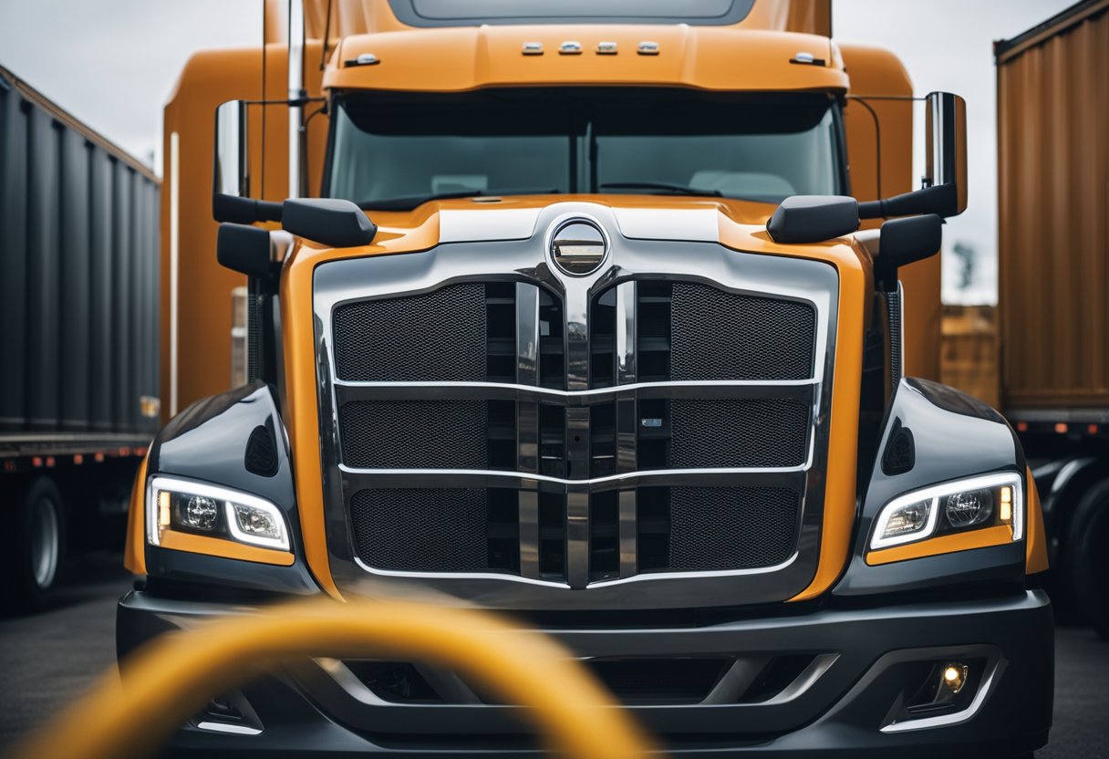 A semi-truck engine running smoothly with a mechanic working on it, surrounded by popular truck brand logos