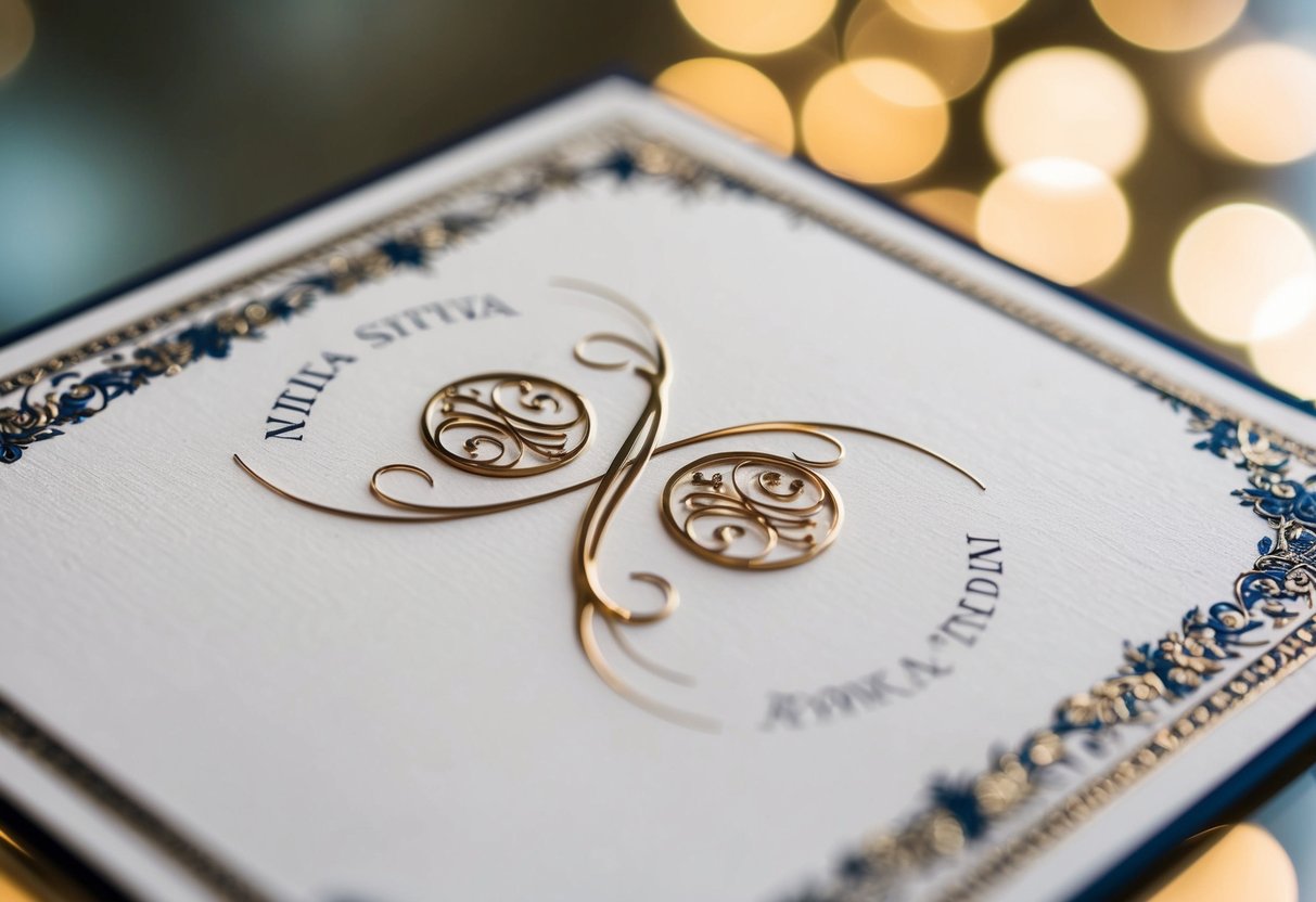A wedding invitation with two elegant, intertwined initials and a decorative border