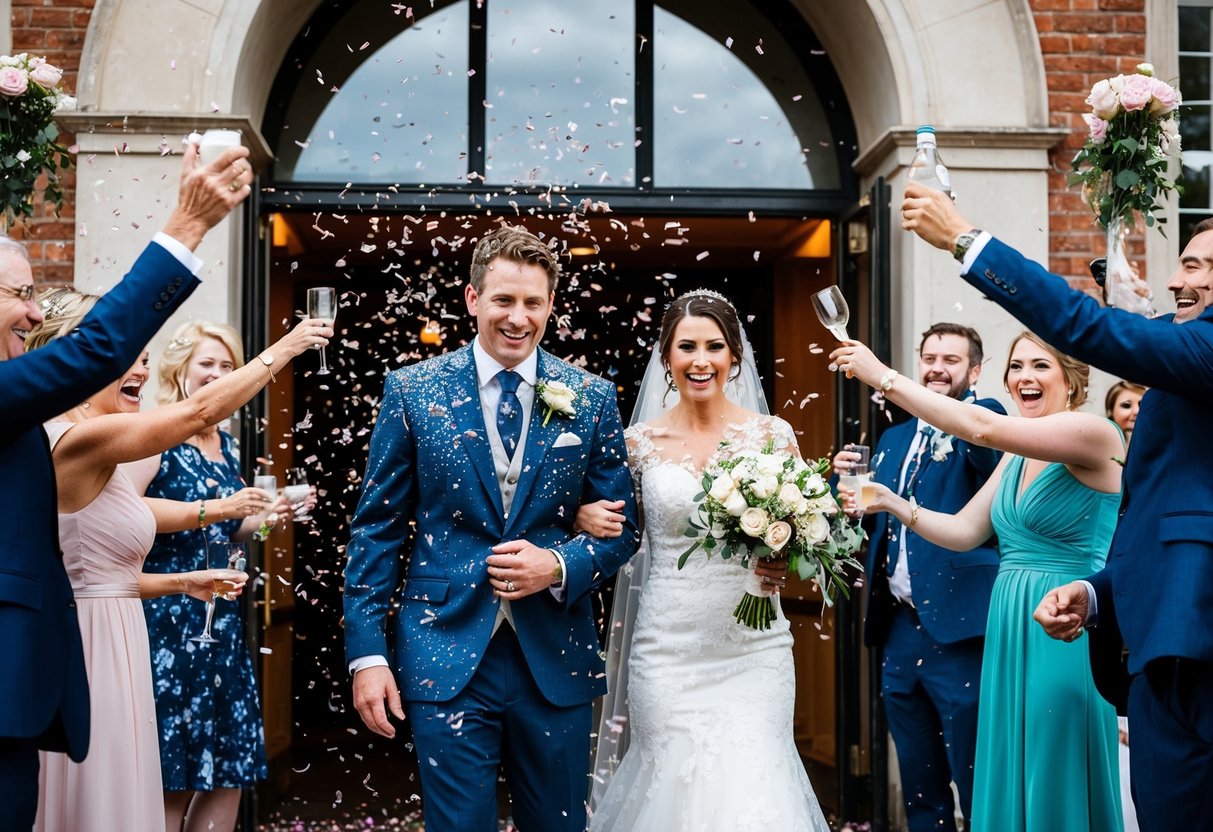 The newlyweds exit the venue, showered in confetti, as guests cheer and toss rose petals