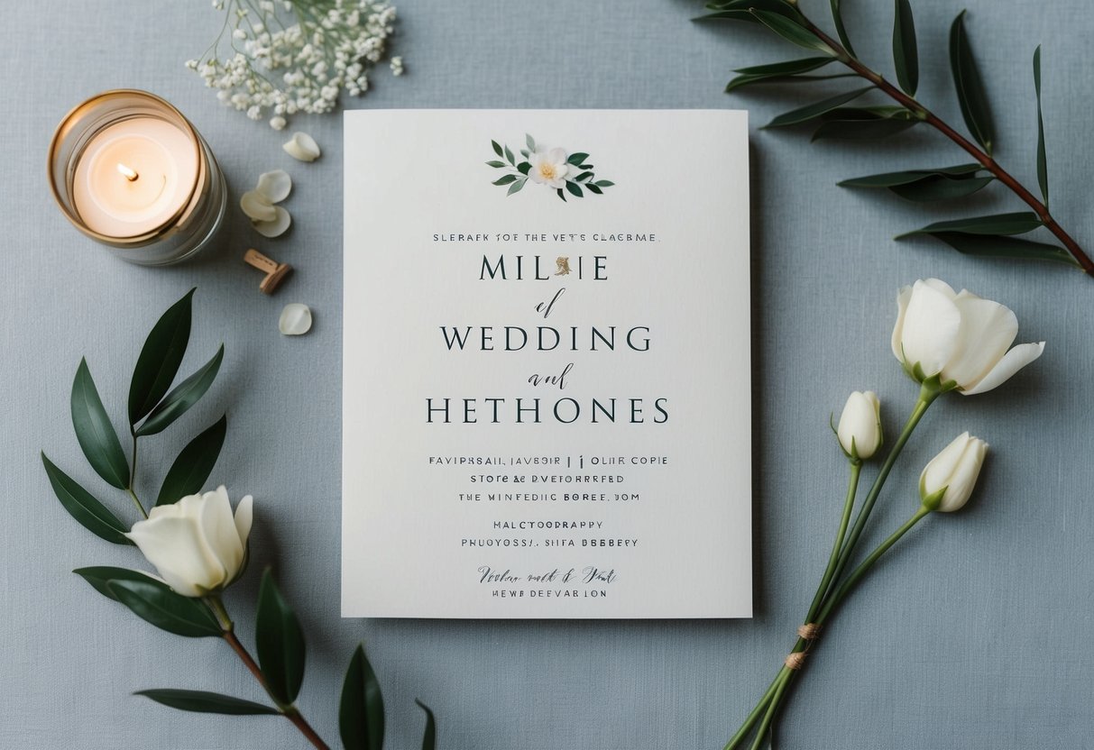 A wedding invitation with elegant, minimalist design, featuring the names of the couple and their wedding details