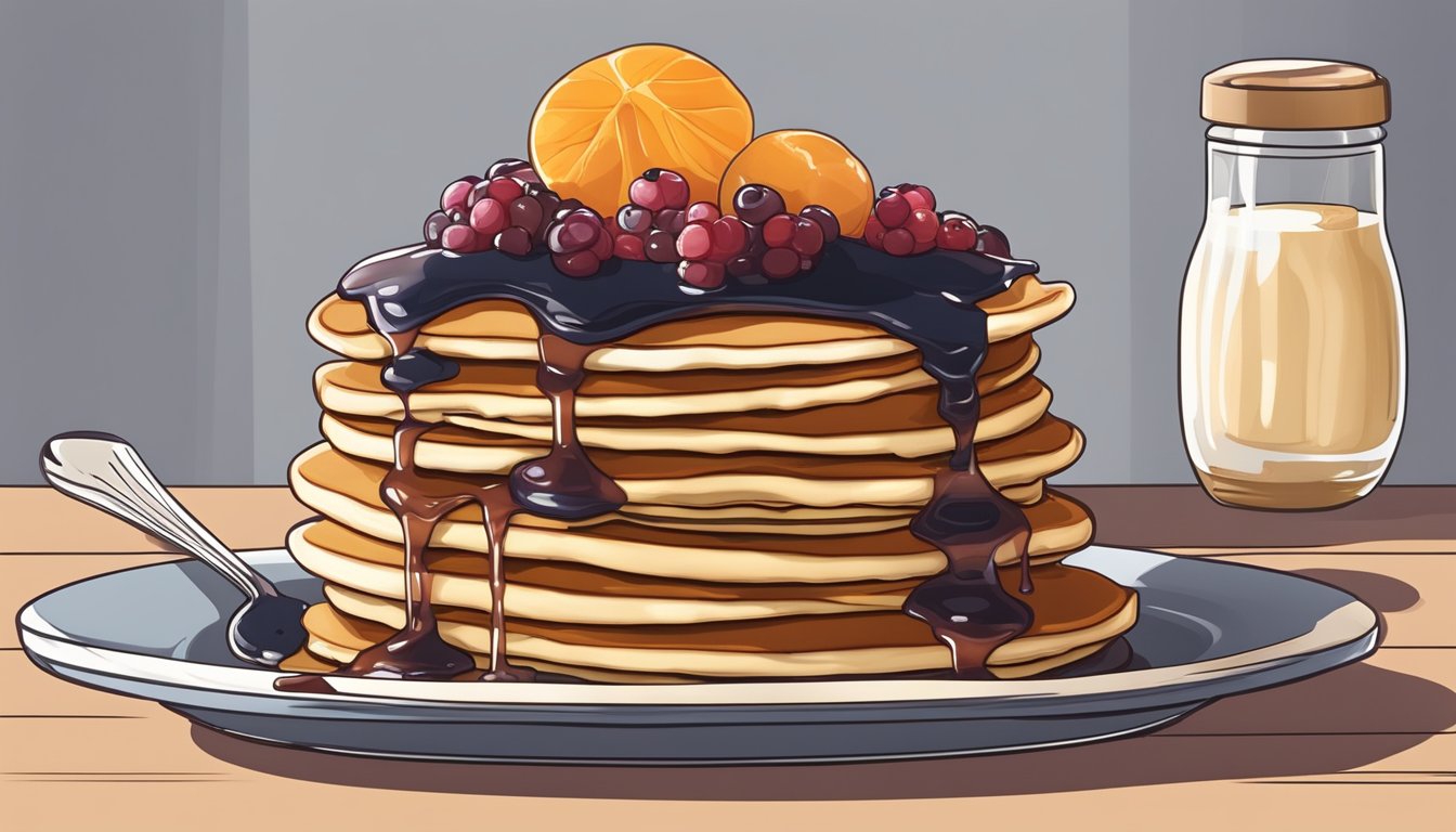 A stack of pancakes with a dollop of homemade fruit compote being drizzled over the top as an alternative to maple syrup