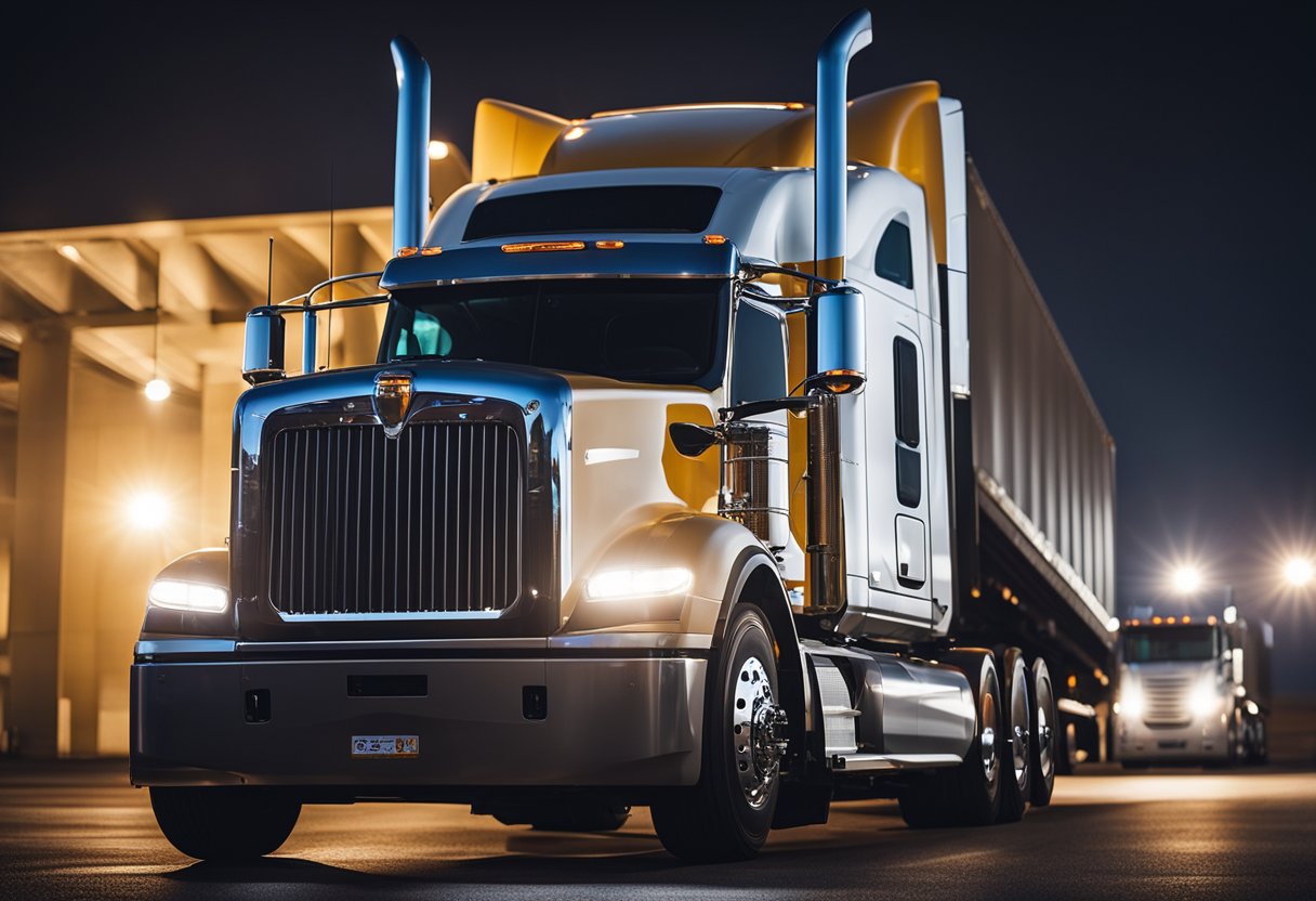 A semi truck parked at a rest stop, with the engine running and the driver's cabin illuminated. Surrounding the truck are various safety and comfort features, such as improved seating and advanced idle shutdown technology