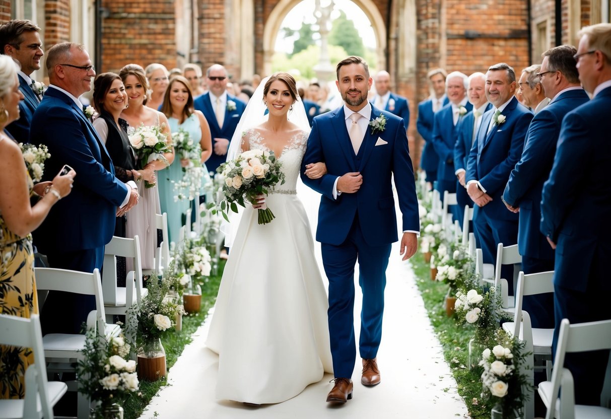 The bride and groom walk down the aisle, followed by the wedding party and guests, as the ceremony concludes