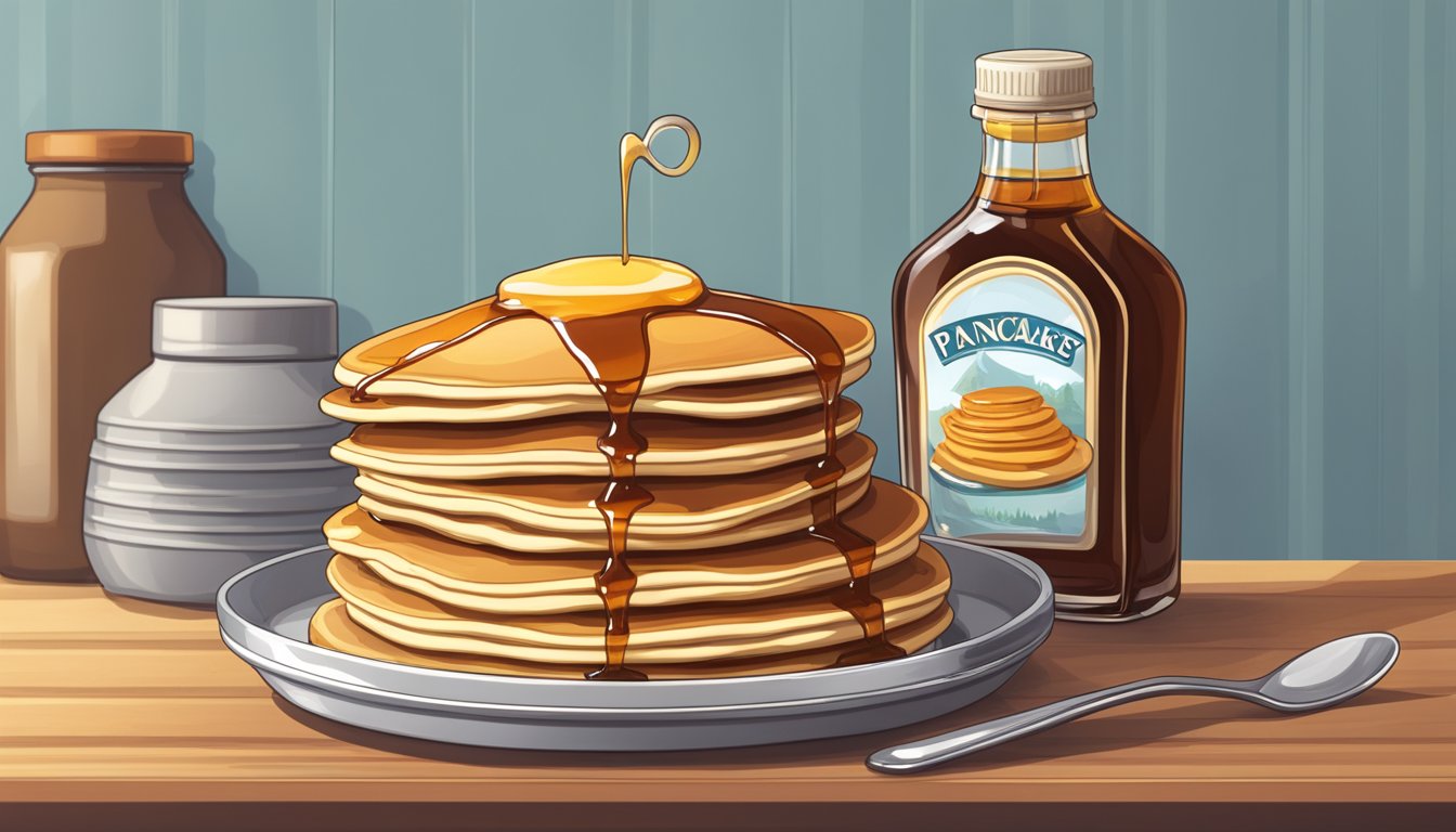 A glass bottle of pancake syrup next to a stack of pancakes, with a jar of maple syrup in the background