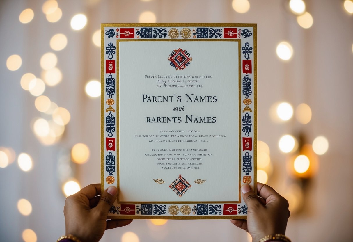 A wedding invitation with parents' names framed by cultural symbols and traditional motifs