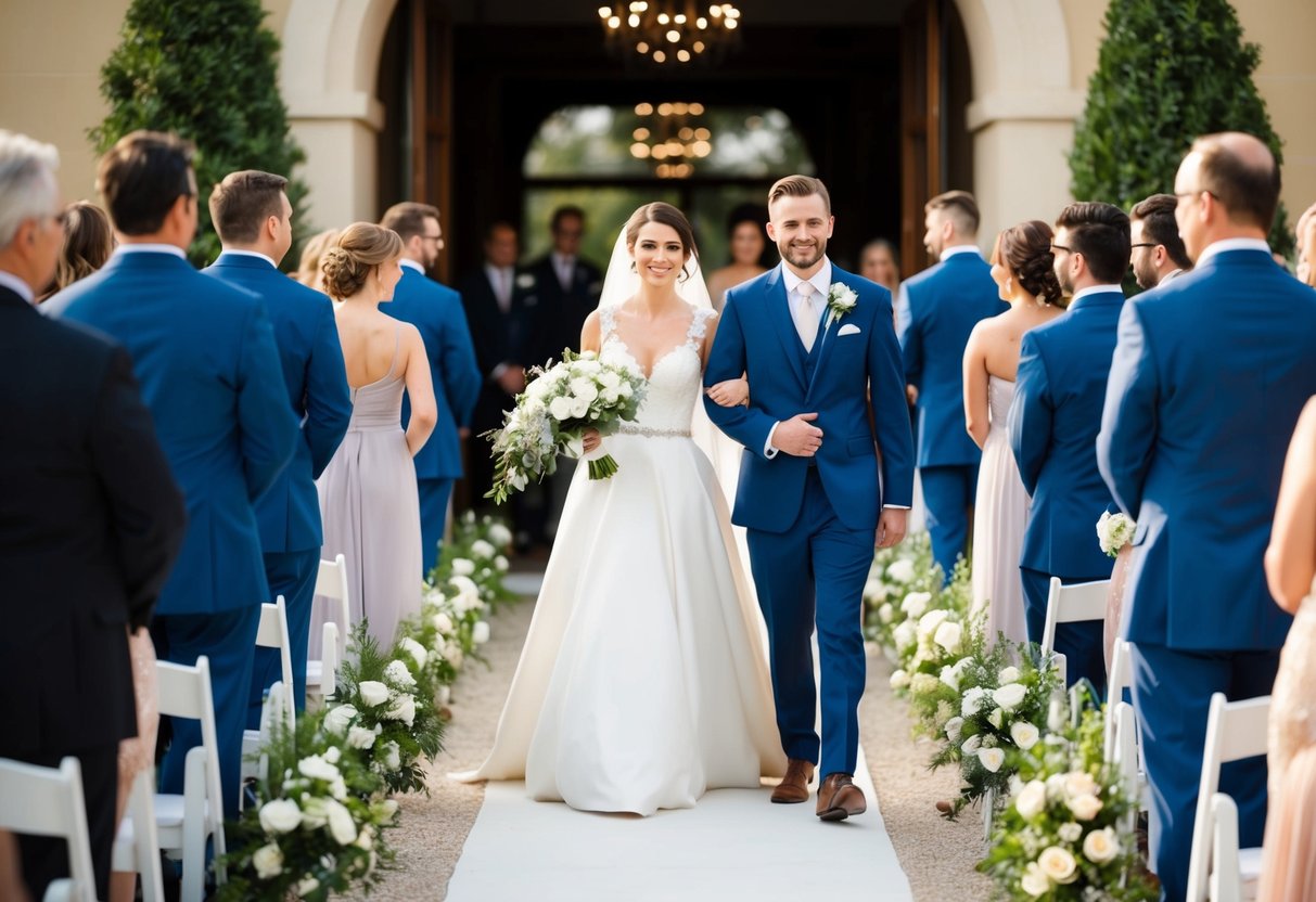 A couple walks down the aisle, followed by the wedding party in an orderly line, leading the guests out of the ceremony