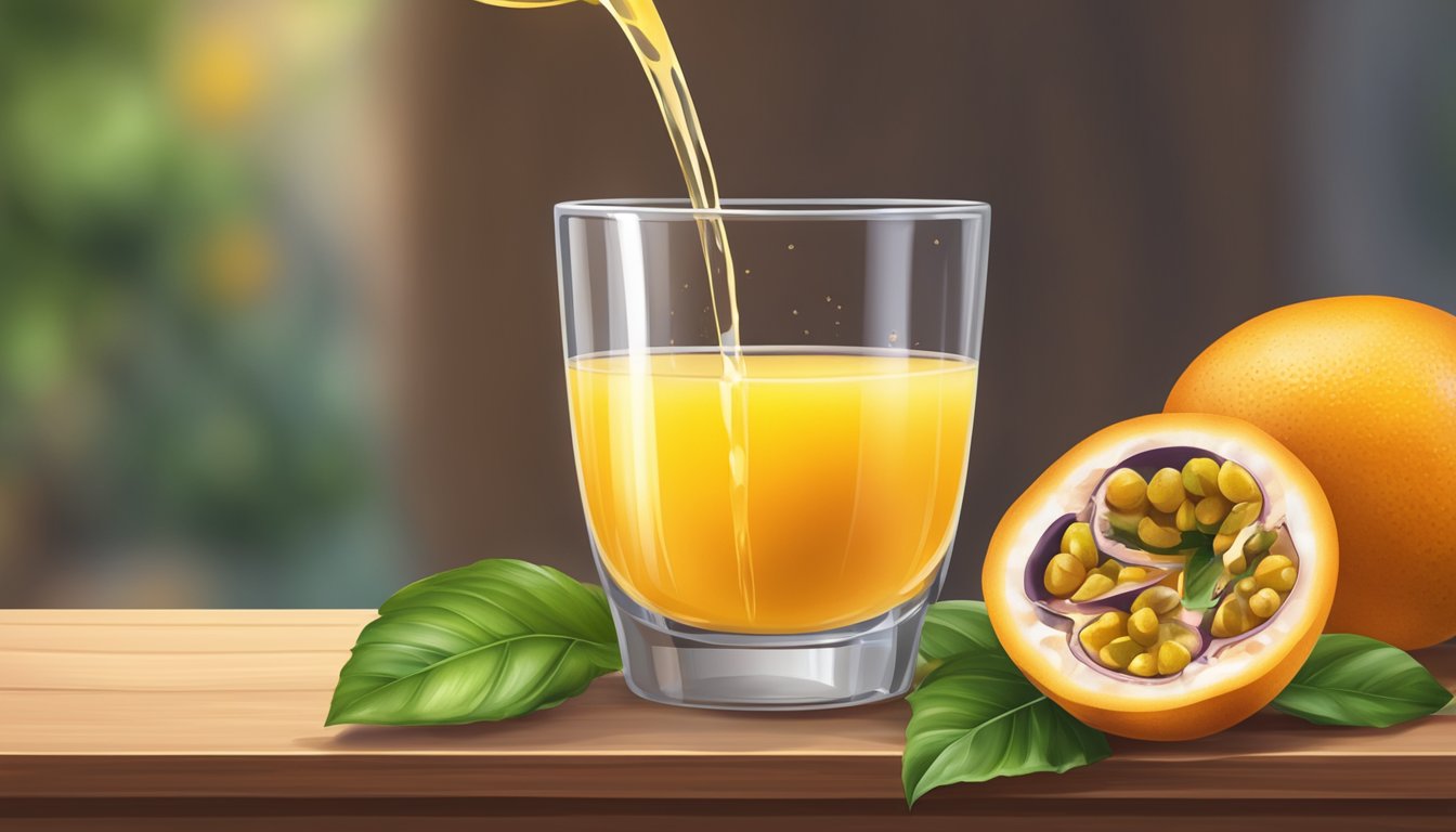 A glass of passion fruit juice pouring into a measuring cup, with oranges and passion fruits in the background