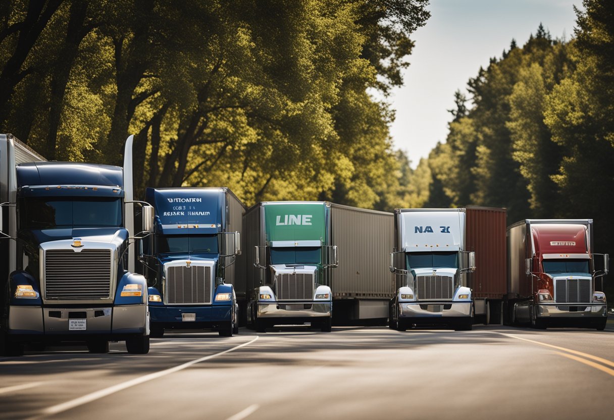 A line of semi trucks bypassing an idle shut down, with a FAQ sign in the background