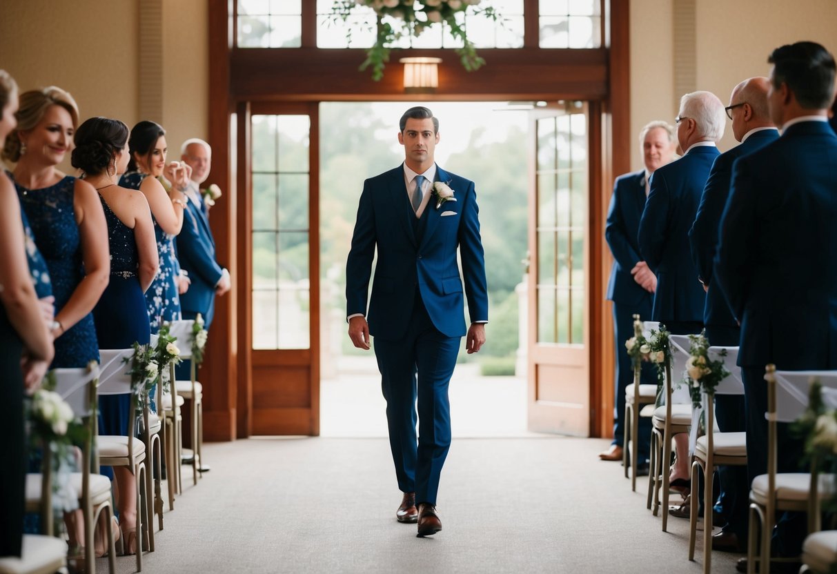 A figure in formal attire exits the wedding venue alone, standing out from the crowd