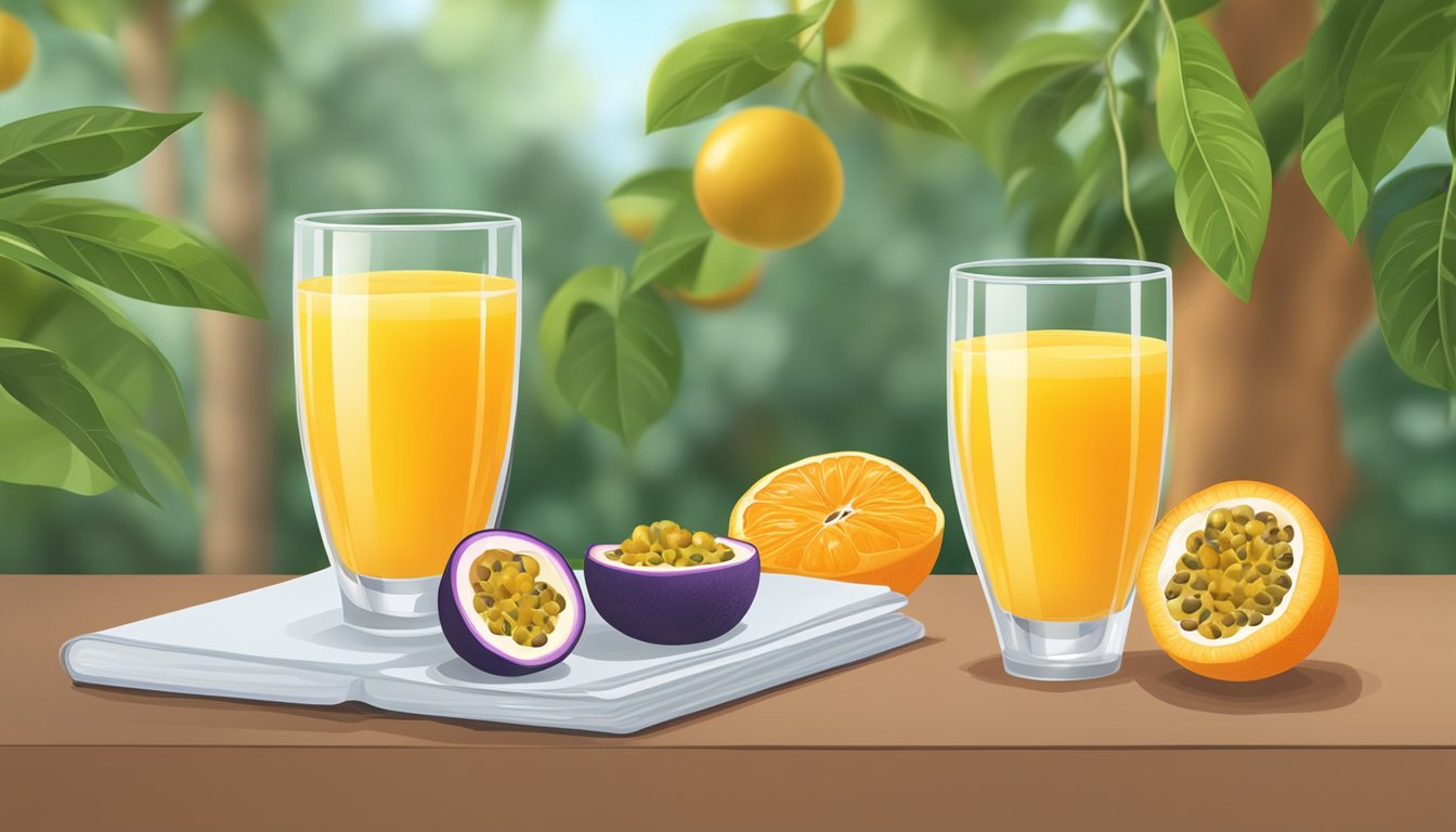 A glass of passion fruit juice next to a glass of orange juice, with a pile of passion fruits and oranges in the background