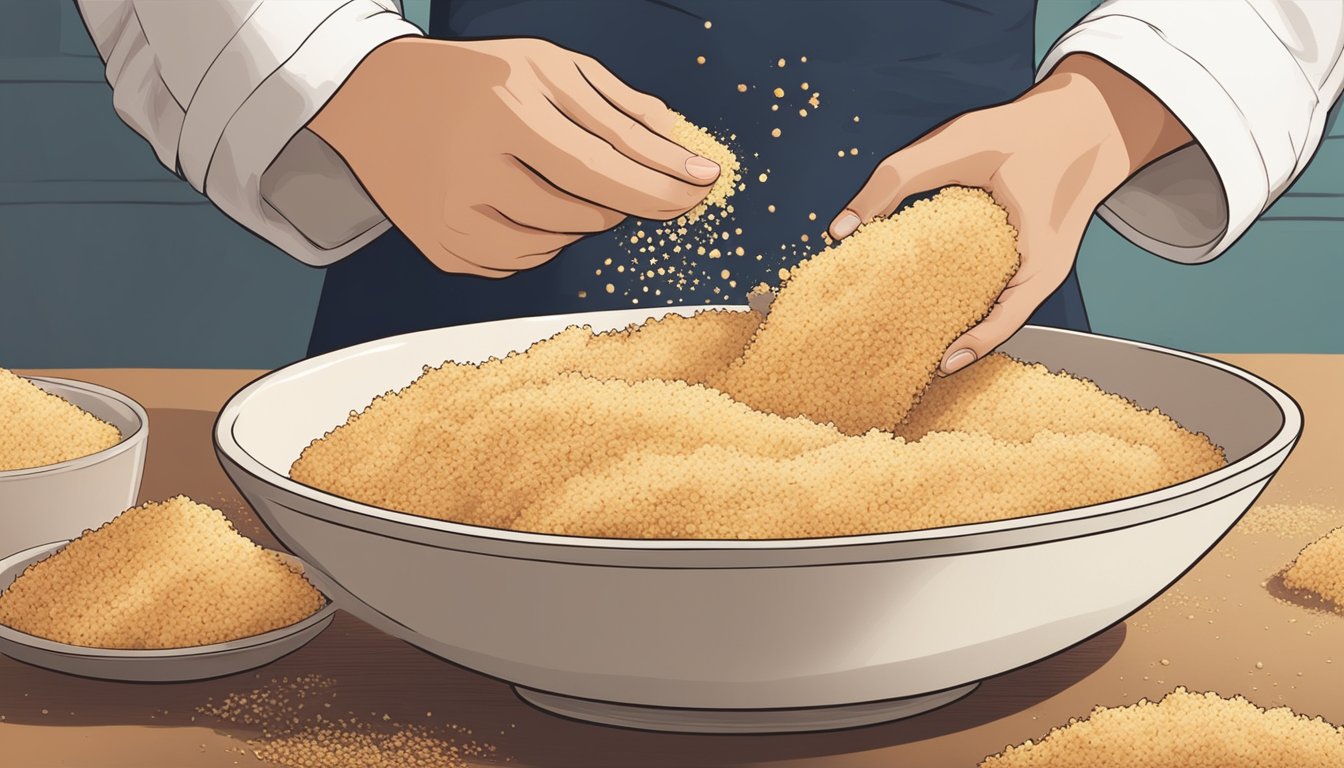 A hand pouring panko breadcrumbs into a bowl, while regular breadcrumbs are being pushed aside