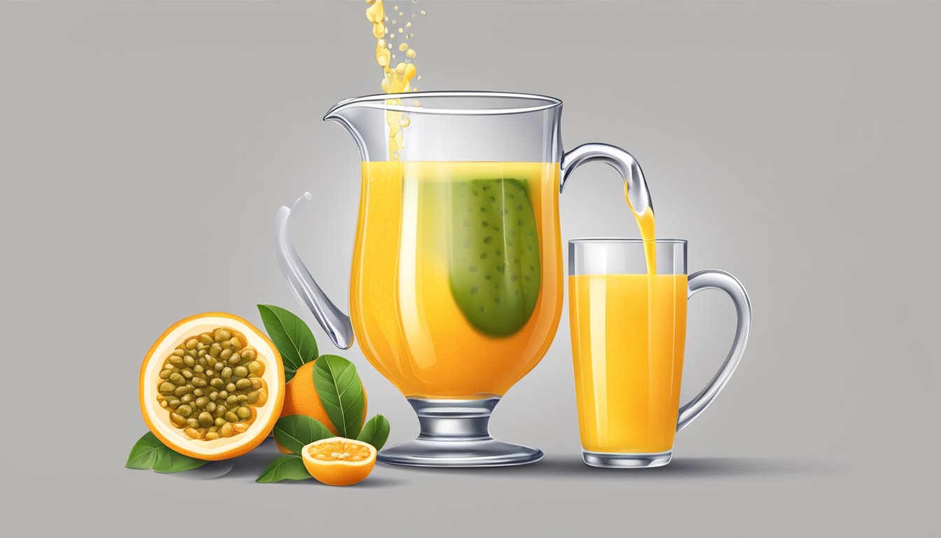 A glass of passion fruit juice pouring into a pitcher of orange juice