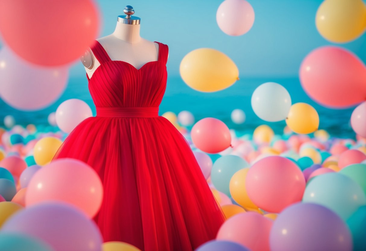 A vibrant red dress amidst a sea of pastel hues