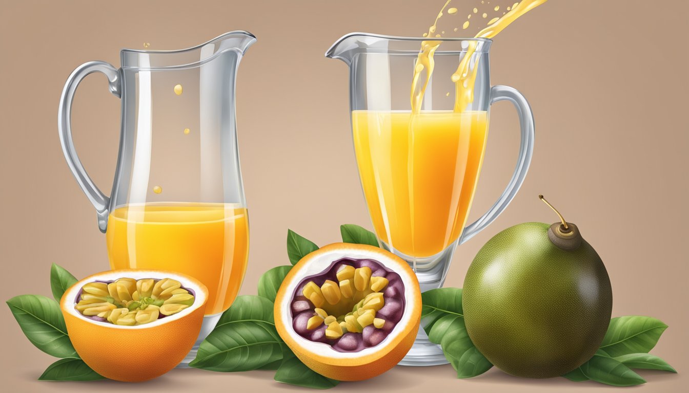 A glass of passion fruit juice pouring into a pitcher of orange juice