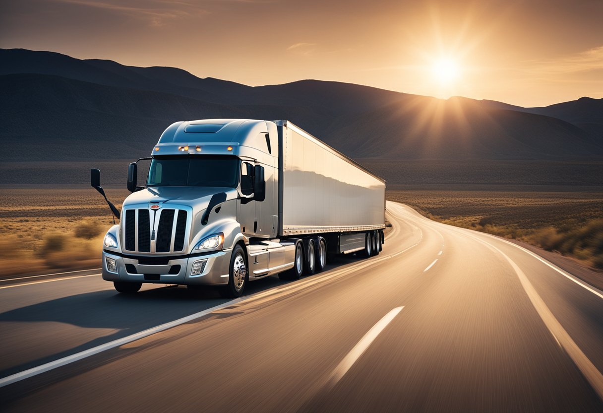 A semi truck drives along a deserted highway, its fuel gauge hovering near empty as the sun sets on the horizon